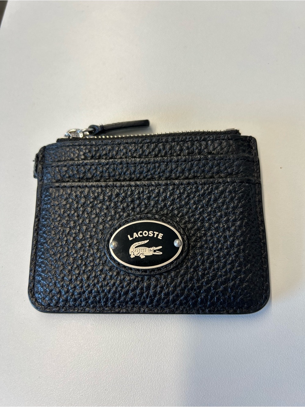 Lacoste Black Pebbled Leather Zip Card Case with Logo Plaque
